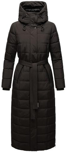Navahoo Damen Wintermantel Warmer Steppmantel lang mit Kapuze und Taillengürtel Das Teil XIV Black Gr. XS