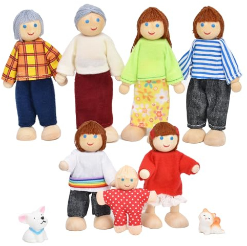 Jzszera Wooden Doll House People of 7 Miniature Figures and 2 Pets, Dollhouse Dolls Family Set Accessories for Girls Toddler Kids Pretend Play and Imaginative Fun