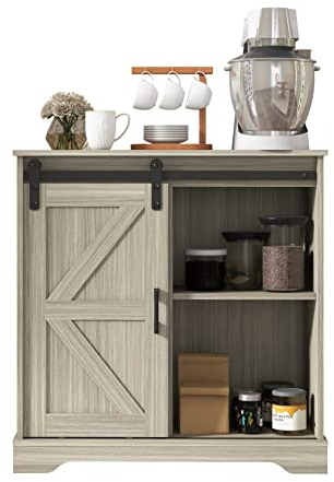 Panana Sideboard, Küchenschrank mit Schiebetür und Verstellbarem Regal, Aufbewahrungsschrank für Küche, Wohnzimmer, Esszimmer (Grau)