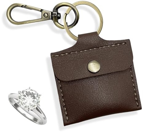 Ring Holder Keychain for Gym, Leather Jewelry Travel Pouch for Wedding Ring, Necklaces, Mini coin pouch for Women, Dark Brown