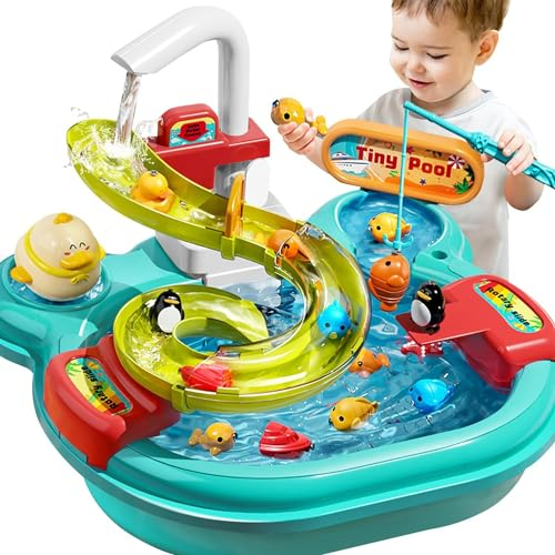 Jiakora Play Sink with Running Water, 3-in-1 Toddler Kitchen Toys, Playing house toys,Magnetic toys,Fishing Set, Tracks, Pretend Play Kitchen Cleaning Set Dishwasher Role Play Gifts