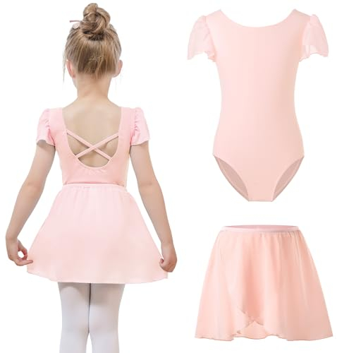 Bezioner Ballettkleidung mädchen mit Abnehmbarem Ballettrock Tanzbody Puffärmel Balette Kleidung Mädchen Ballettanzug Kinder Rosa 120 (6-8 Jahre, 120-130 cm)