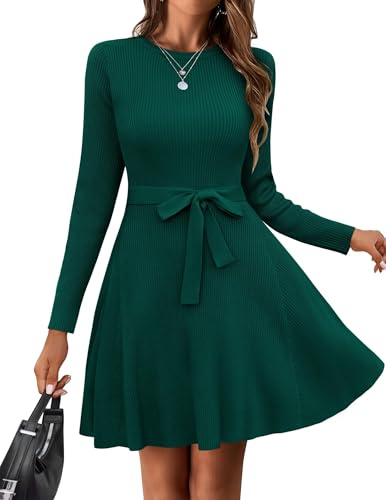 HOTOUCH Robe à manches longues et col rond pour femme - Robe trapèze décontractée avec ceinture