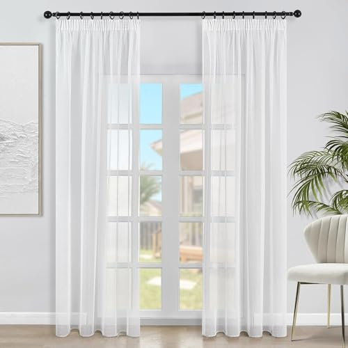 sinzau Cortinas de Poliéster Transparente, 2 Cortina de Gasa, Visillos Blancos de 140 x 230 cm con Cinta de Volantes, para Salón