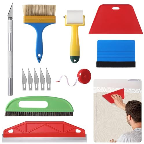 Wallpaper Smoothing Tool Kit, 13 Pcs Smoother Tools with Squeegee, Wallpaper Brush, Seam Roller, Measure Tape, Vinyl Cutter, Craft Cutter with 5 Replacement Blades for Contact Paper, Glass Film