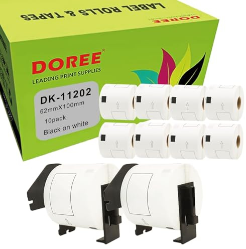 Doree 10 Rotoli DK-11202 Etichette Indirizzi, Compatibili con Brother DK-11202, 62 x 100 mm, Per Stampanti Brother QL-500,570,580,700,710W,800,810W,1100,1110NWB(2 Supporti Riutilizzabili)