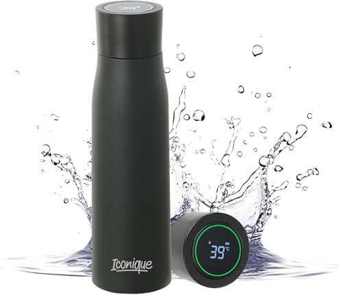 Iconique UV-Gefilterte Wasserflasche | Selbstreinigender Wasserfilter Aus Edelstahl Mit LED-Temperaturanzeige, Deckel | Ideal Für Camping, Wandern, Reisen, Sport | 500ml | Schwarz