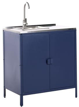 Mobiletto da giardino in acciaio con lavello e 2 ante ripiano in acciaio inox blu