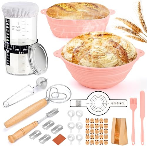 Charmofun Cestino Lievitazione Pane, 2 Cestino Pane Silicone 22cm e 24 cm, Set Lievito Madre con Barattoli Fermentatore, Ciotola Lievitazione Pane Regalo per Principianti e Panettieri Esperti