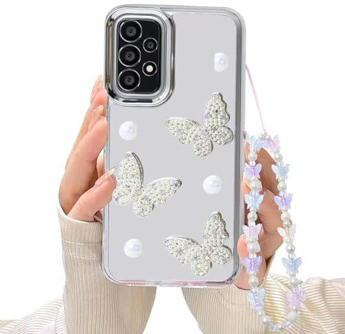 WOWUDI Kompatibel med Samsung Galaxy A13 4G/5G/A04S fodral söt klar 3D-fjäril med Snodd pärlglitter för flickor kvinnor mjuk TPU stötsäker flicka skyddsfodral – silver