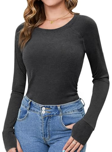 Crewhpo Women's Long Sleeve Tops Slim Fit Base Layer Crew Neck Basic Top Casual Blouse Tunic Pullover Solid Colour Tee Shirts with Thumb Hole Dark Grey