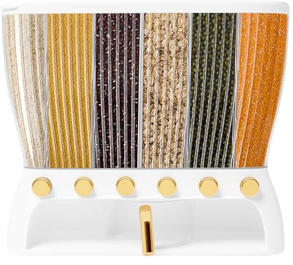 SAUADY Dispensador de cereales, 6 rejillas, 5 divisores, apto para lavavajillas, para cereales, frutos secos, 42 x 16,5 x 36 cm, transparente