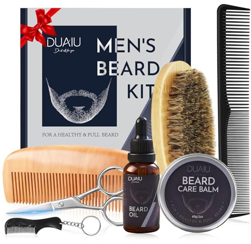DUAIU Beard Grooming Kit for Men, 7 in 1 Beard Growth Kit with Natural Beard Oil & Balm, Beard Brush, Comb, Scissors - Christmas, Valentines & Birthday Gifts for Men, Dad, Him