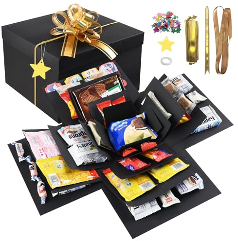 CHWNIBAY 5-lagige Überraschungsbox Set, Explosionsbox Geburtstag, Geschenkkarton set, mit Band, Sticker, Schleifen, für Geburtstag Jubiläum Valentinstag, Schwarz