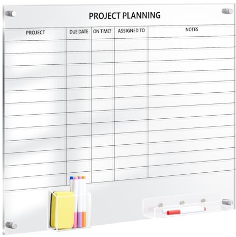 Lincia Acrylic Project Planning Board, 24 x 18 Inch Clear Wall Schedule Dry Erase Board with 8 Markers and Eraser, Whiteboard Planner with Lines for Home Office Project and Family Organization