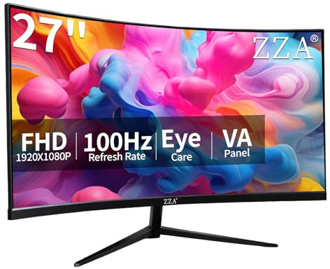 ZZA 27 inch 100Hz Curved Monitor with 1K 1920x1080 Computer Screen 27 inch FHD with HDMI,VGA and Wall Mountable|1080P Eye Care PC Office Display for Working and Gaming