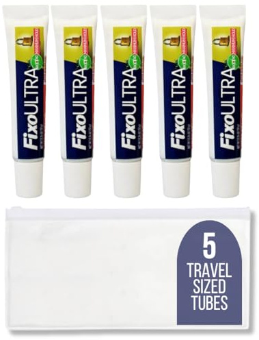 Spark Fixo Travel Sized/Pocket Sized Ultra Max Hold Denture Adhesive Cream Tubes, TSA-Approved Travel Sized Denture Adhesive with 1 Dental Travel Zipper Pouch (Pack of 5 Tubes)