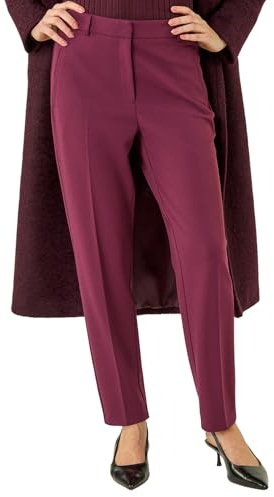 Roman Straight Leg Stretch Trousers for Women UK Ladies Work Office Smart Suit Pants Slacks Cigarette Tailored High Elasticated Waist Ankle Grazer Slim Angela - Aubergine (Long) - Size 20