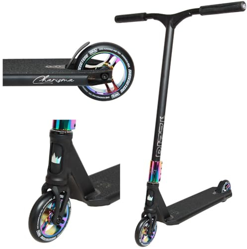 NKD Stunt Scooter Rizz | Hochleistungs ABEC-9 Lager | 360° Lenker für Freestyle | Robuste 6061 Aluminiumlegierung (Schwarz Regenbogen)