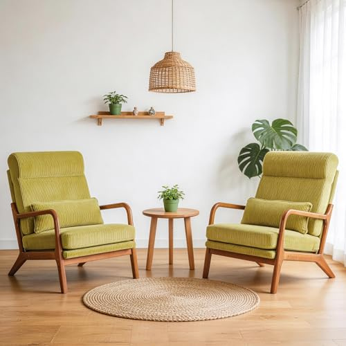 Karl home Accent Chair Set of 2, Mid-Century Armchiar Reading Lounge(Green) | High Back with Pillow Support, Corduroy Upholstered, Solid Wood Frame & Soft Cushion for Living Room, Bedroom, Balcony