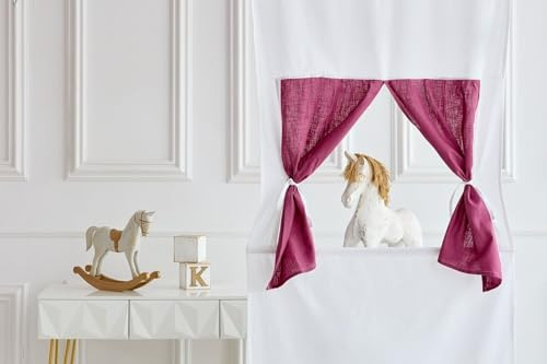 KraftKids Théâtre de marionnettes, théâtre de casperles, pour cadre de porte, guirlande de fanions et rideau à nouer, 100 % lin, magenta foncé, 90 x 200 cm, fait main UE
