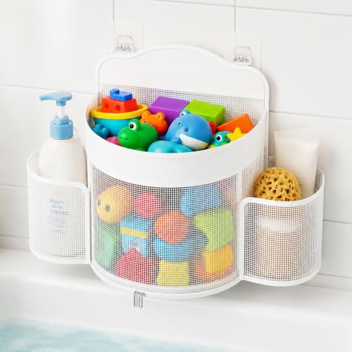 Dreamtop Bath Toy Storage - Large Bath Toy Net Holder with Quick Dry Design 2 Side Pockets Bottom Zipper, Space Saving Bathroom Organizer for Kids Bathtub Toys White