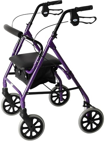DAYS Lightweight Folding Rollator Walker – Mobility Aids, Adjustable Walking Frame with Padded Seat, Lockable Brakes, Ergonomic Handles, Walking Aid, Portable Walker for Elderly, Small – Purple