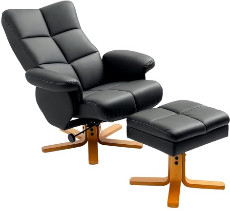 HOMCOM PU Leather Swivel Recliner Chair with Footstool, Wooden Base and Storage for Living Room, Black