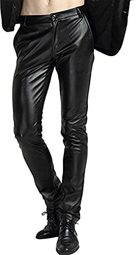 Yeokou Men's Skinny Straight Leg Tapered Pu Faux Leather Motorcycle Biker Pants (31, Black)