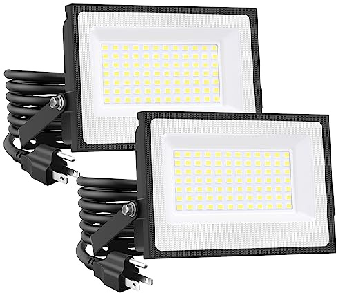 Onforu 80W Flood Lights Outdoor, 8000lm Bright LED Work Light with Plug, 6500K Daylight White LED Flood Lighting, IP66 Waterproof Security Yard Lights for Garage Stadium 2 Pack