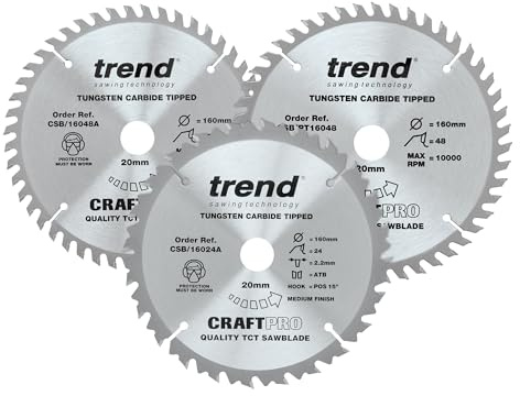 Trend Wood Circular Saw Blades, 160mm Diameter, 20mm Bore, 24/48 Teeth, 2.2mm Kerf, +15/4° Hook, TCT, Medium/Fine/S.Fine Finish, 3 Pack, CSB/160/3PK/A