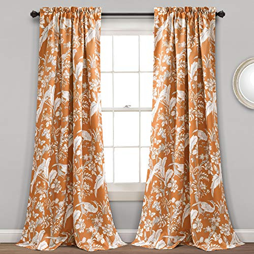Lush Decor Dolores Light Filtering Window Panels, Pair, 52 W x 84 L, Orange - Toile Curtains - Floral Bird Print - Grandmillennial & French Country Curtains - Cottage & Maximalist Home Decor