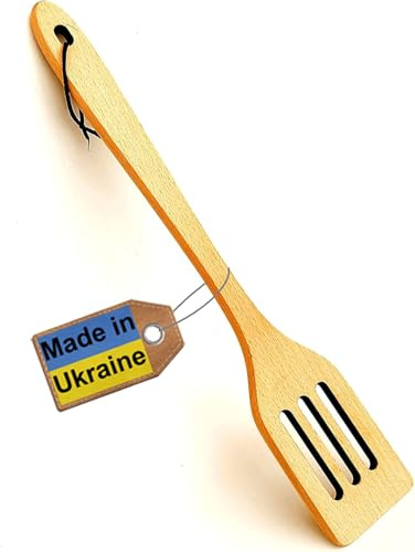 Long Handle Slotted Wooden Spoon 16 inch – European Made Heavy Duty Large Wooden Spatula & Stir Paddle – 100% Natural Solid Hardwood – Healthy and Non-coated Long Wooden Spoon for Cooking in Big Pots.