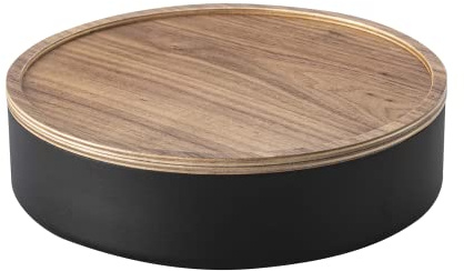 YAMAZAKI 5800 RIN Runde Aufbewahrungsbox mit Deckel, schwarz, Stahl/Holz, minimalistisch, 22 x 22 x 6 cm