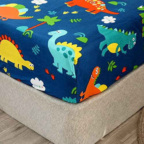 Chickwinu Spannbettlaken 160x200 cm Kinder Matratzenschoner Spannbetttuch, Blau Cartoon Dinosaurier Muster Bettlaken Mikrofaser Spannbettlaken für Boxspringbett, Matratze bis 30 cm höhe