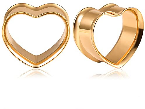 Vankula Ohr Flesh Tunnel Double Flared Plug Herz Edelstahl Ohrpiercing Gestreckte Schmuck für männer damen 8mm(0G) Gold