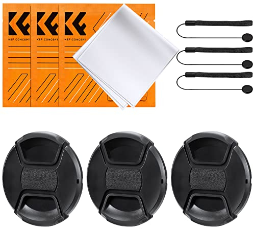 K&F Concept 72mm Lens Cap 3 Pack Snap-on Front Camera Lens Cover + Elastic Lens Cap Keeper + 3 Cleaning Cloth compatible with Canon Sony