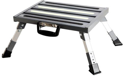 GarfatolRv Rv Steps, 4-Level Adjustable Height Folding Camper Steps, Grey Hammer-Tone Non-Slip Fluorescent Strip Aluminum Platform Rv Accessories, Supports Up to 1000 lbs Handle