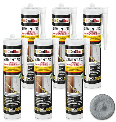 Isolbau Zement-Fix 6 x 300 ml Betongrau Express Reperaturmörtel - Dichtungsmasse für Fugen & Risse im Innen- & Außenbereich, Kartusche