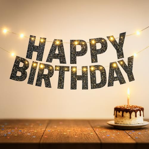 KatchOn, Glitter Black Happy Birthday Banner Light Up - Prestrung, 10 Feet | Light Up Happy Birthday Sign | Happy Birthday Decorations for Men, Women, Boys, Girls | Birthday Party Decorations