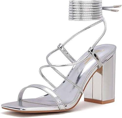 GENSHUO Sandali da Donna Estivi con Cinturino e Tacco Largo, con Lacci e Punta Quadrata Aperta per Matrimonio, Argento B, EU 38.5