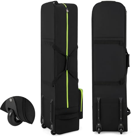 GYMAX Sac de Golf avec Roues & Poignées, Sac de Transport pour Clubs de Golf, en Tissu Oxford Imperméable avec Poche de Rangement, Fermeture Éclair & Serrure, Conception Pliable