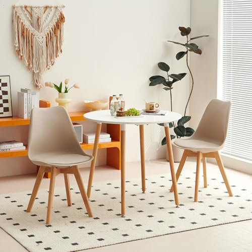 H.J WeDoo Rund Esstisch mit 2 Stühle Essgrupp, 80cm Küchentisch und 2er Set Esszimmerstühle Esszimmergruppe Sitzgruppe für Küche Wohnzimmer (Weiß Tisch+2 Khaki Stühl)