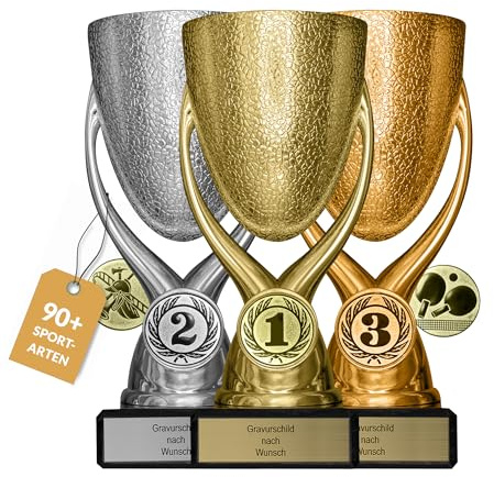 pokal-fabrik.de - Pokale 3er Set mit Gravur Wunschtext in Gold, Silber & Bronze - personalisiertes Geschenk & Sportemblem nach Wahl - 15 cm inkl. Marmorsockel - Geschenk-Trophäe | Pokal Kinder