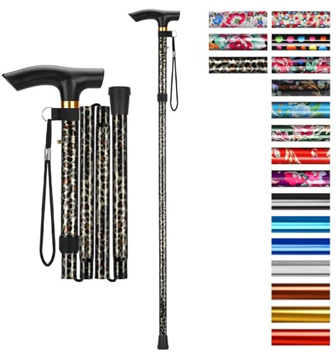 supregear Canne Pliante, Hauteur Réglable à 5 Niveaux Canne de Marche Légère Portable Bâtons de Voyage avec Dragonne et Poignée en T pour Personnes Âgées Handicapées Hommes Femmes, Léopard