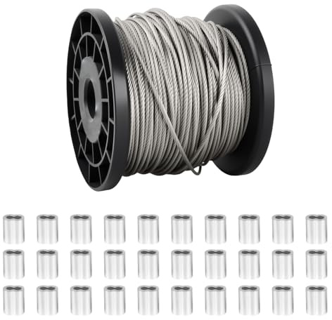 Cable de Acero Inoxidable 304 2mm 7x7, 50M con 30 Lazos de Engarzado de Aluminio, Cuerda de Alambre Resistente para Tendedero, Barandillas, Fotos, Jardín, Toldos