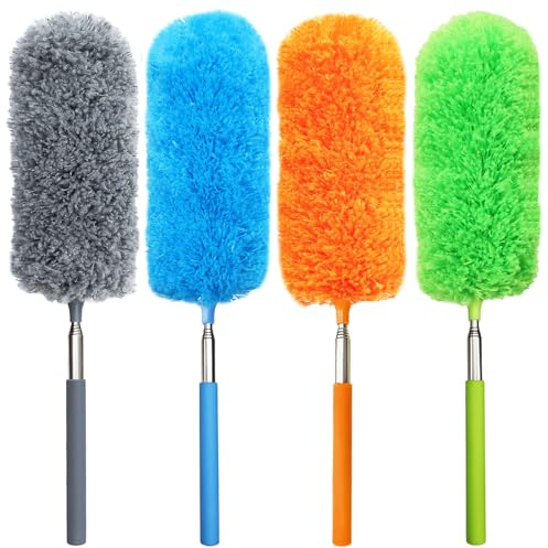 4 Pack Small Microfiber Feather Duster, with 13 to 30 Extendable Pole, Microfiber Head, Cleaning Tool for Cleaning Office, Car, Computer, Furniture, Sofa (Orange/Blue/Green/Gray)