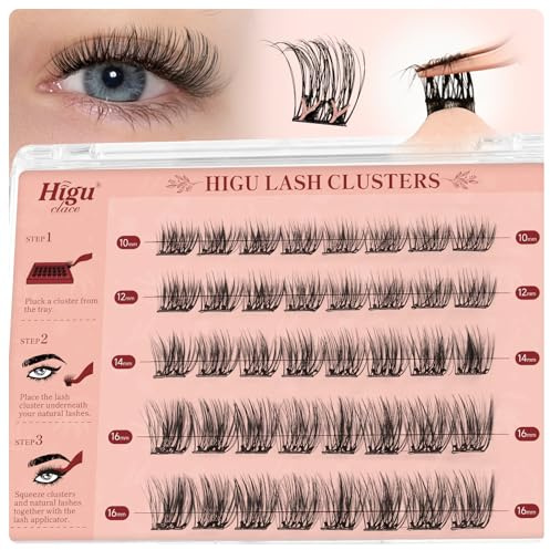 Pre Glued Cluster Lashes, Higu Clace Natural Look Self Adhesive Eyelashes Mix10-16mm, Press on Lash Clusters with Tweezer Reusable No Glue Lash Extension Kit Easy to Use at Home(Natural 01-10-16MM)