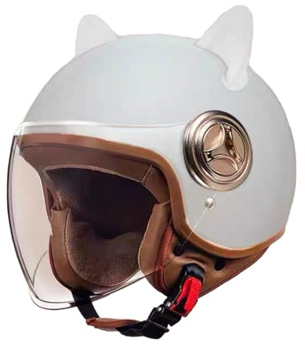 Jethelm Mit Katzenohren, ECE 22.06 Zertifiziert Halbhelme Motorradhelm Mit Sonnenblende, Mopedhelm Für Damen Herren E,54-61cm