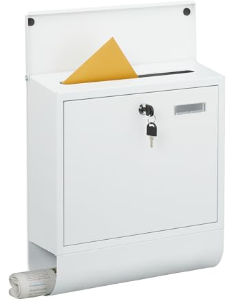 Relaxdays Briefkasten mit Namensschild, 4 Schlüssel, Zeitungsfach, Postkasten, HxBxT: 41,5 x 37,5 x 14 cm, Metall, weiß